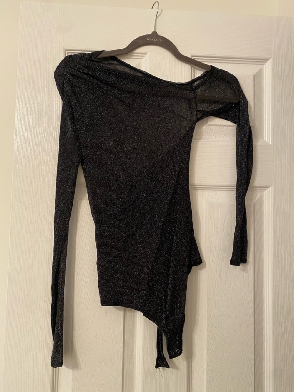 Abercrombie & Fitch Black One-Shoulder Sparkle Long-Sleeve Bodysuit